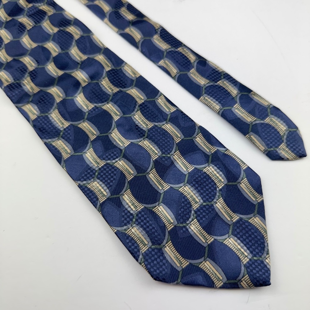 Stafford Made in Italy 100% Silk Navy Blue Gold Geometric Wide Necktie 3.75x57"